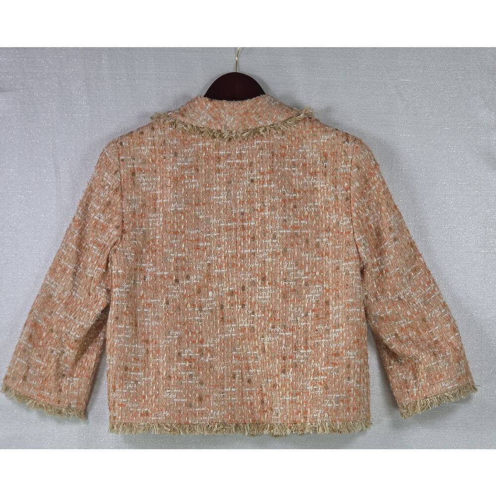 Dana Buchman Petite Pink Boucle Tweed Blazer Jacket Fringe Trim Raw Edge 10P - Picture 8 of 8